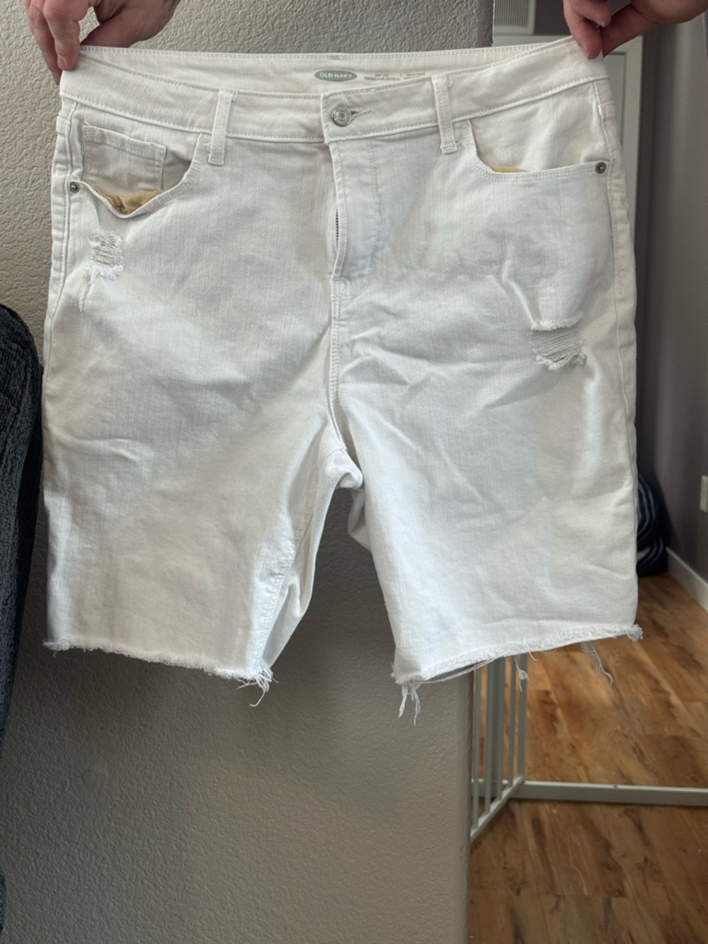 Old Navy White Distressed Denim Bermuda Shorts